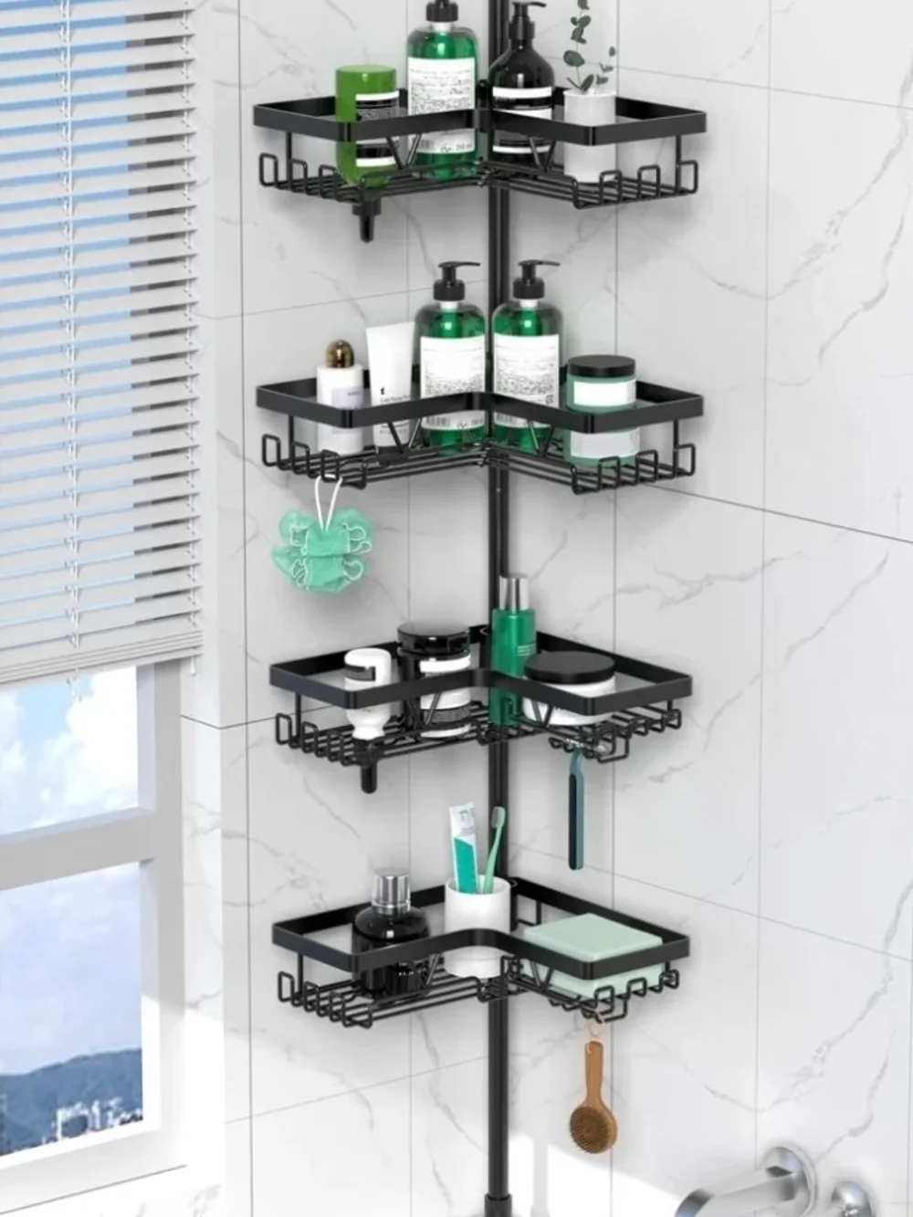 4-Tier Black Corner Shower Caddy with Hooks